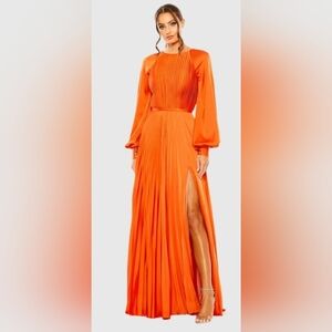 MAC DUGGAL 26590 Orange Pleated High Neck Long Sleeve Gown with Slit SZ 8 NWT